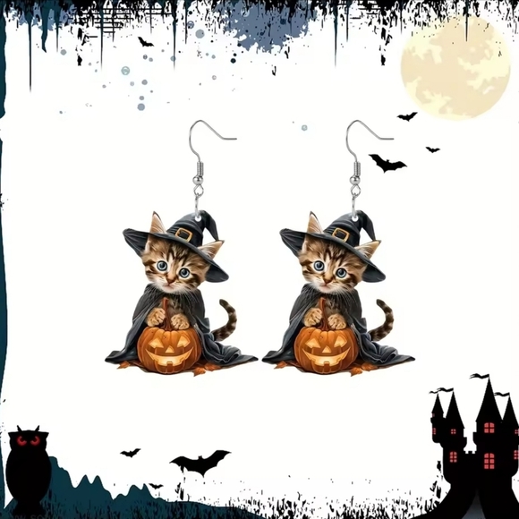 Cute Halloween Cat Witch Earrings – Acrylic Pumpkin Design - Picture 6 of 9